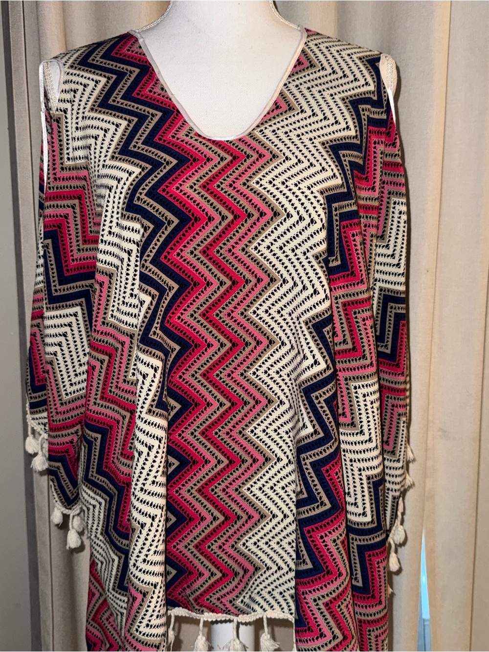 Women’s Chevron Knit Poncho - Pink, Navy & Cream